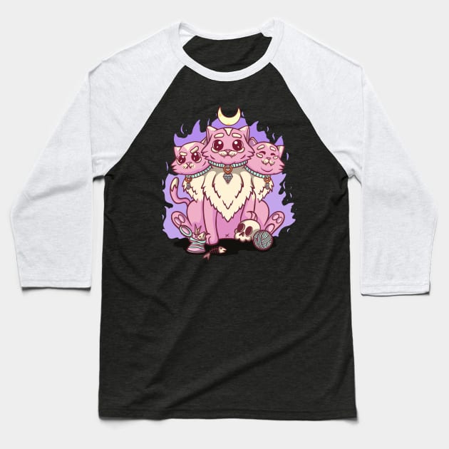 Kawaii Pastel Goth Cute Creepy 3 Headed Cat Skul, Baseball T-Shirt by PinkyTree